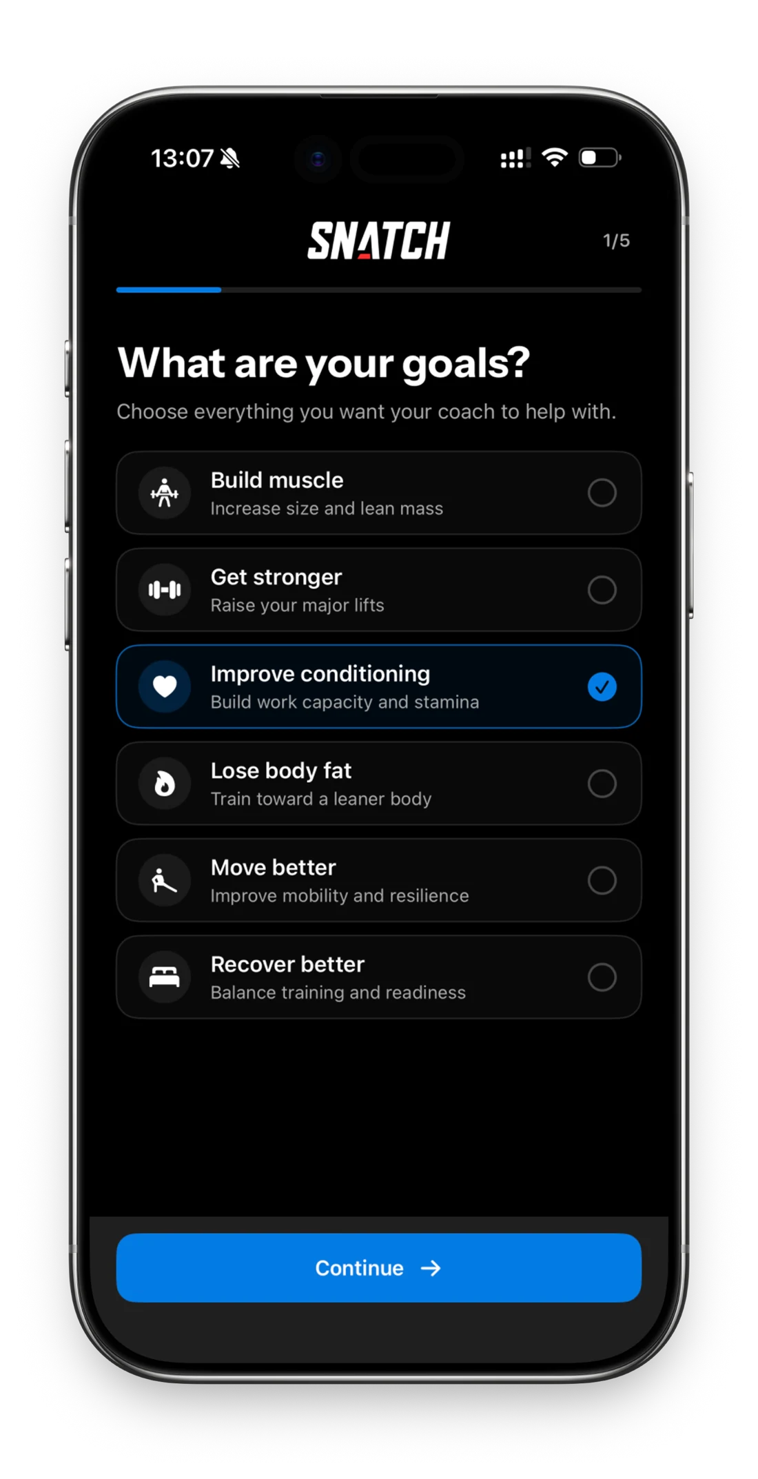 The Snatch app, setting your goals