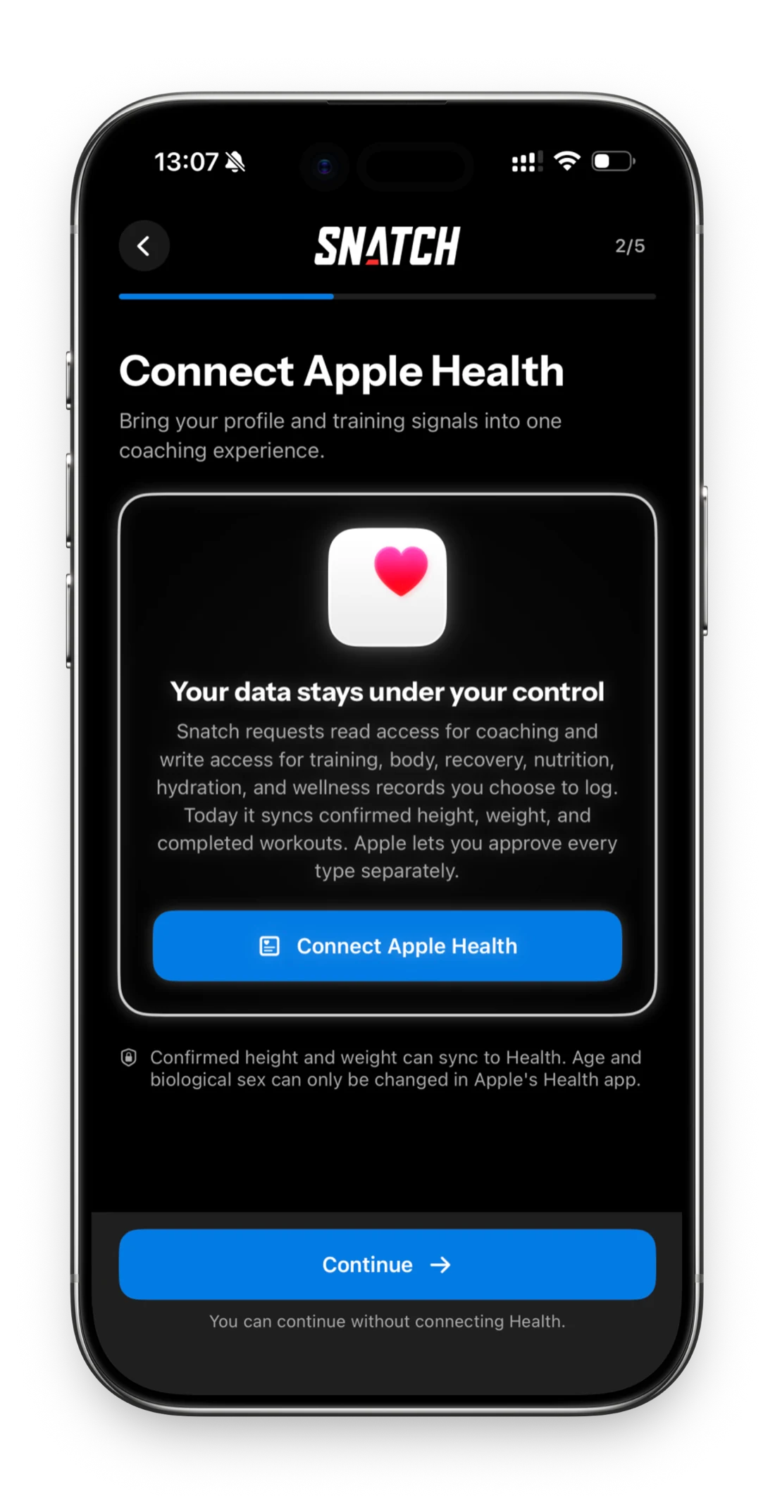 The Snatch app, connecting to Apple Health